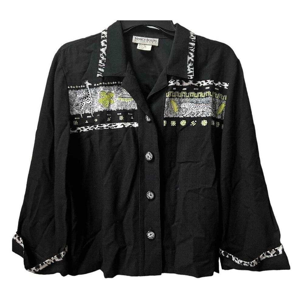 Nancy Bolen City Girl Black Safari Animal Print Embellished Button Up Jacket M